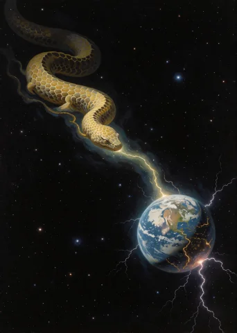 Painting Of A Cosmic Confrontation A Colossal, Serpentine En... — Stable Diffusion AI Prompt: Painting of a cosmic confrontation: A colossal, serpentine entity with a texture...