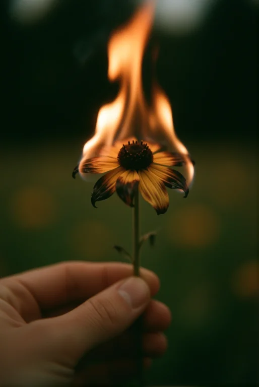 Cinemshot, Hand Holding A Small Burning Flower Against A Dar...