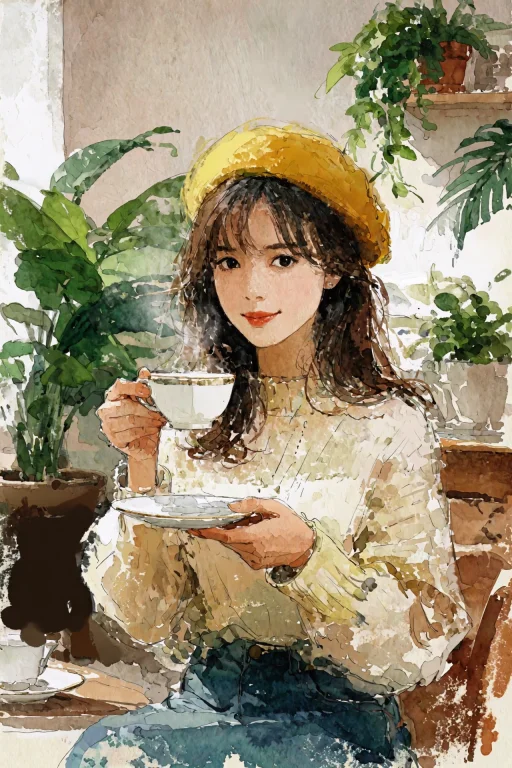 Painting, A Young Woman Wearing A Yellow Beret And Holding A...