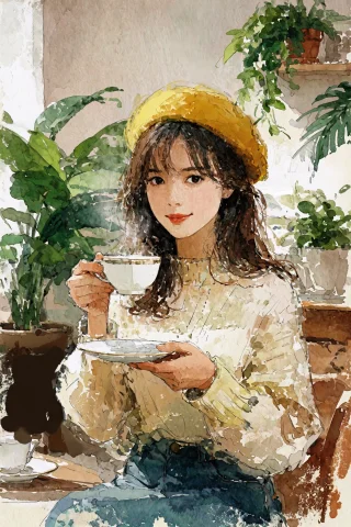 Painting, A Young Woman Wearing A Yellow Beret And Holding A... — Stable Diffusion AI Prompt: painting, a young woman wearing a yellow beret and holding a white teacup, sitti...