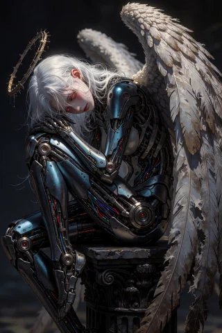 A High-detail, Dark Fantasy Digital Painting Of A Melancholi... — Stable Diffusion AI Prompt: A high-detail, dark fantasy digital painting of a melancholic cyborg angel sitti...