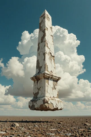 A White Obelisk Floats In Midair Above A Barren Landscape, I... — Stable Diffusion AI Prompt: A white obelisk floats in midair above a barren landscape, its structure weather...