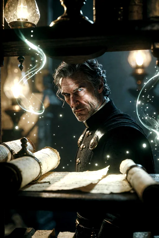 Fantasy, Medieval. A Man In His Forties Stands Over A Shelf...