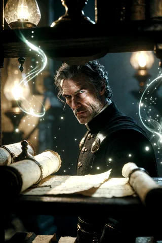 Fantasy, Medieval. A Man In His Forties Stands Over A Shelf... — Stable Diffusion AI Prompt: Fantasy, medieval. A man in his forties stands over a shelf with scrolls. The ma...