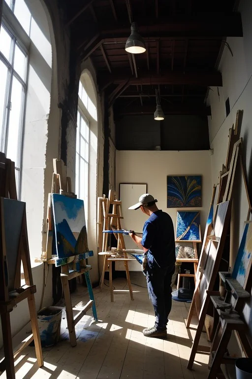 A Painter Absorbed In Work In A Sunlit Atelier, Low Angle Sh...