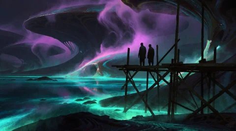 Subject And Action Two Silhouetted Men Stand Motionless On A... — Stable Diffusion AI Prompt: Subject and action Two silhouetted men stand motionless on a rustic wooden scaff...