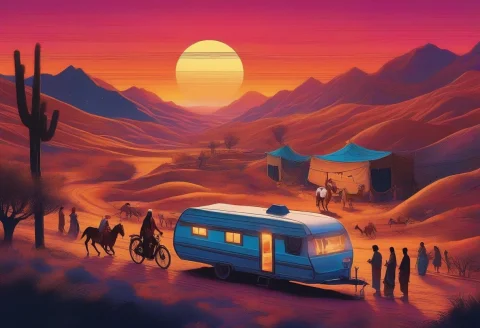 A Caravan Crossing The Silk Road At Dusk, Editorial Illustra... — SDXL AI Prompt: a caravan crossing the Silk Road at dusk, editorial illustration, neon lighting,...