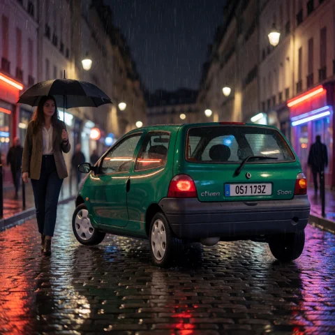 Tw1car, A Green Renault Twingo Mk1 Three-door Hatchback In A... — Stable Diffusion AI Prompt: tw1car, a green renault twingo mk1 three-door hatchback in a rainy paris street...