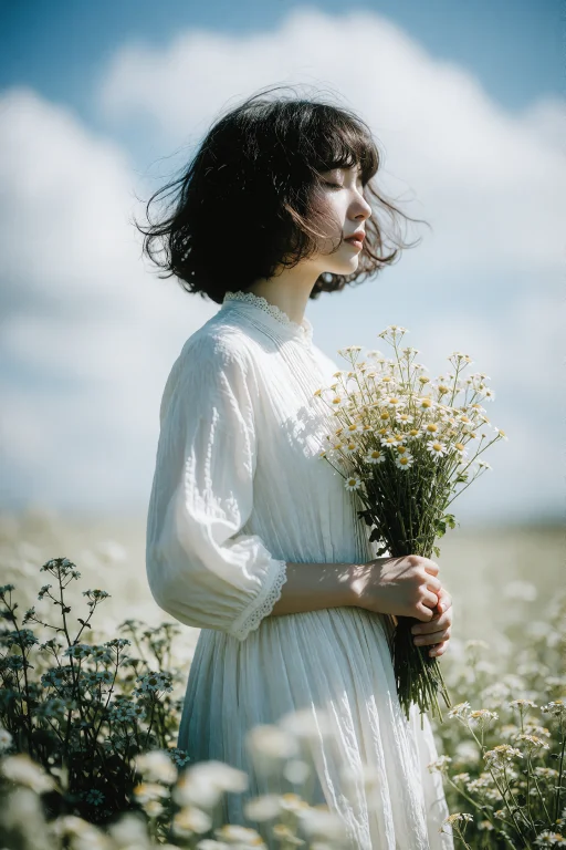 A Woman In A White Dress Standing In A Field Of Flowers, Bre...