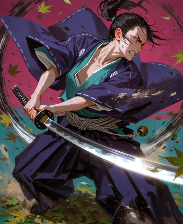 Medium Shot Of One Adult Samurai Alone, Body Torqued Through...