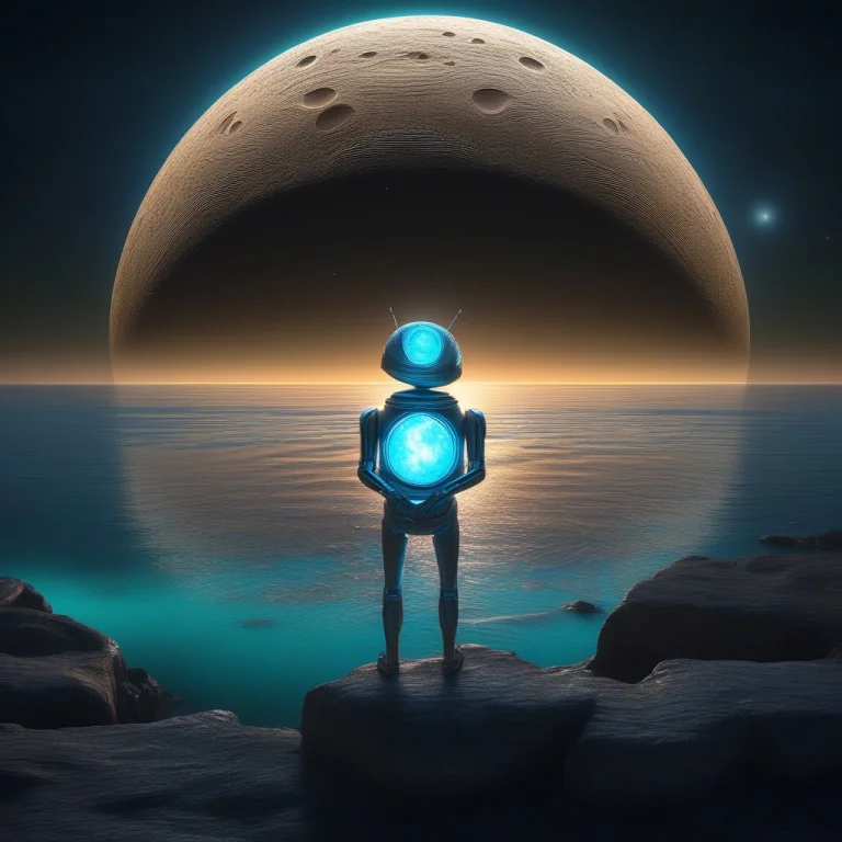 A Lone Android Watching Two Moons Rise, 3d Render, Biolumine...