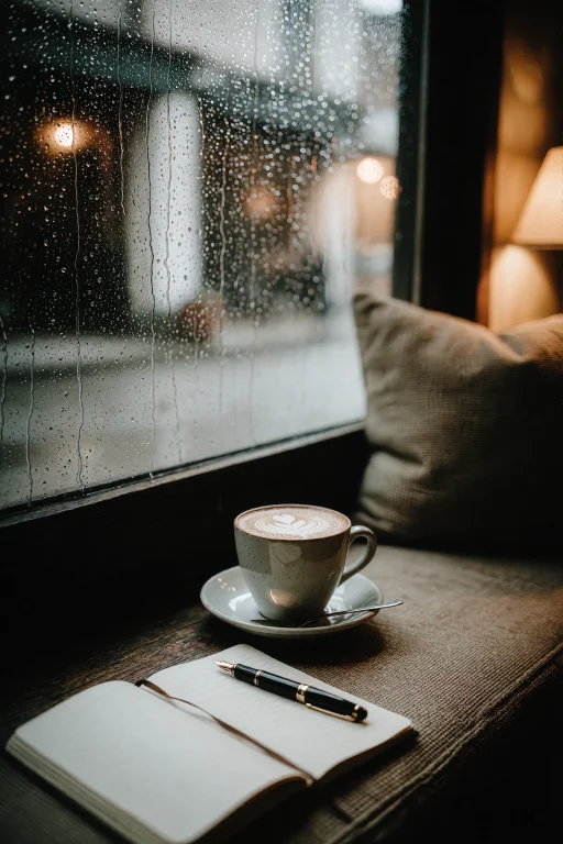 A Window Seat In A Cozy Caf, A Latte With Latte Art On A Woo...