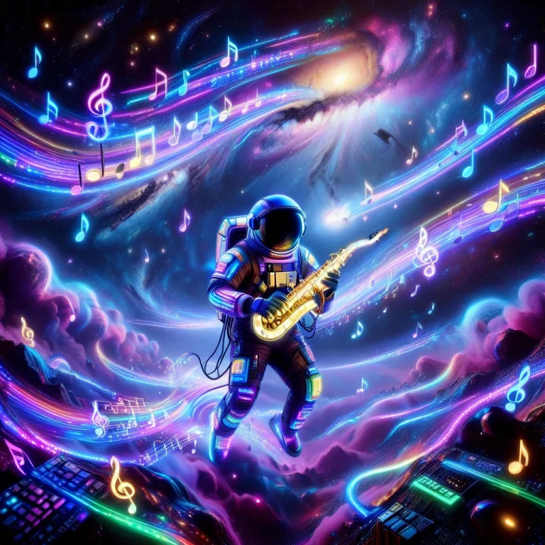 An Astronaut Playing A Glowing Neon Saxophone On The Surface...