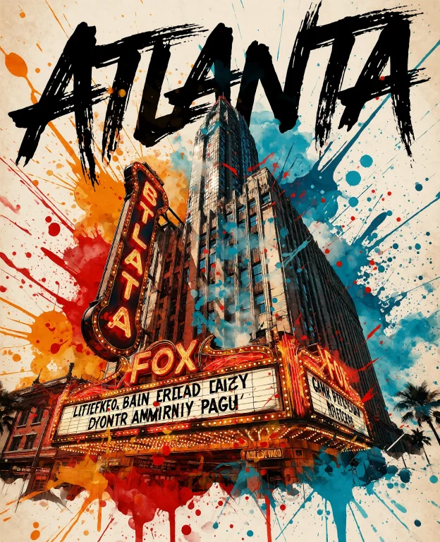 A Vintage Travel Poster Of Atlanta Featuring Fox Theater, Ol...