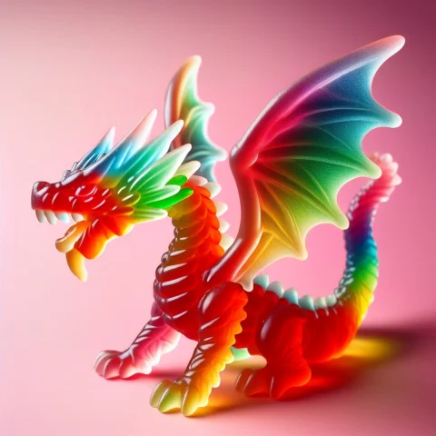 Dragon, Made Of Translucent Rainbow Gummy Candy, Chewy Textu... — SDXL AI Prompt: Dragon, made of translucent rainbow gummy candy, chewy texture, sticky surface,...