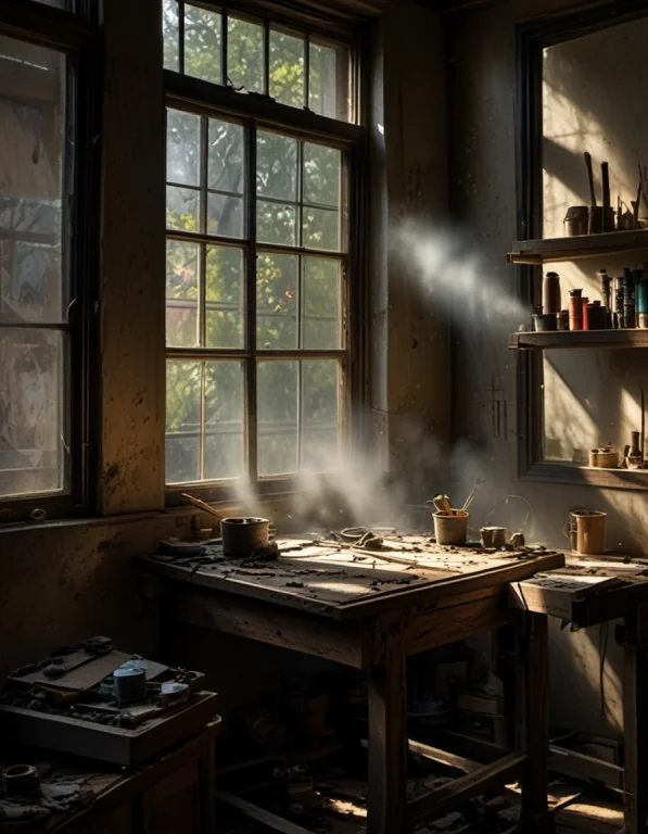 With Canvases. A Single, Dramatic Beam Of Afternoon Light Cu...