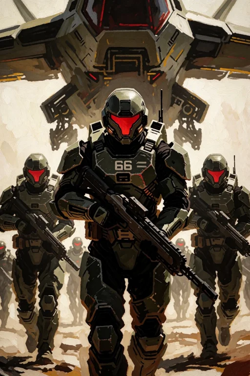 A Painterly Art Piece Depicting A Squad Of Futuristic Soldie...