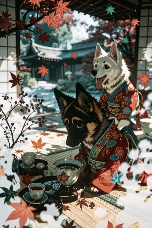 Adorable Illustration Of Two Dogs Dressed In Ornate Red Kimo...