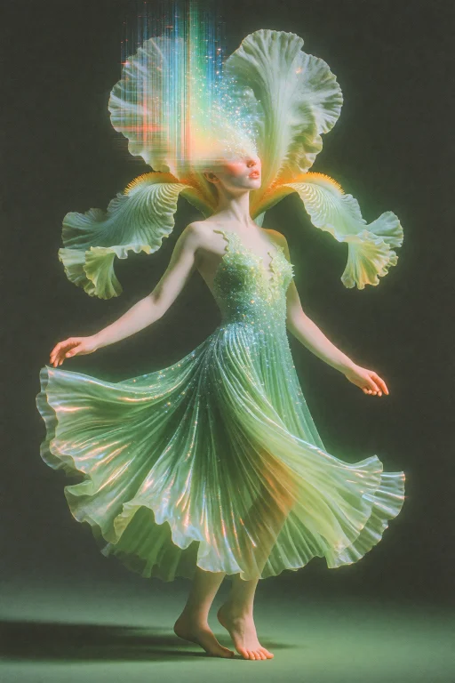 Movement Of A Woman Dressed As A Blooming Iris Posing In The...