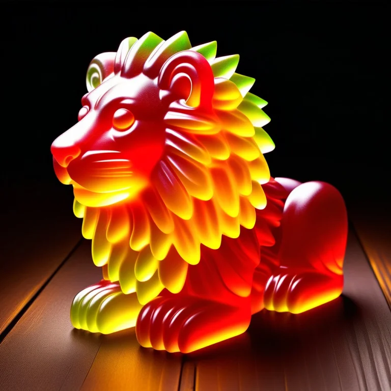 A Majestic, Detailed Lion Crouched On A Flat Wooden Surface,...