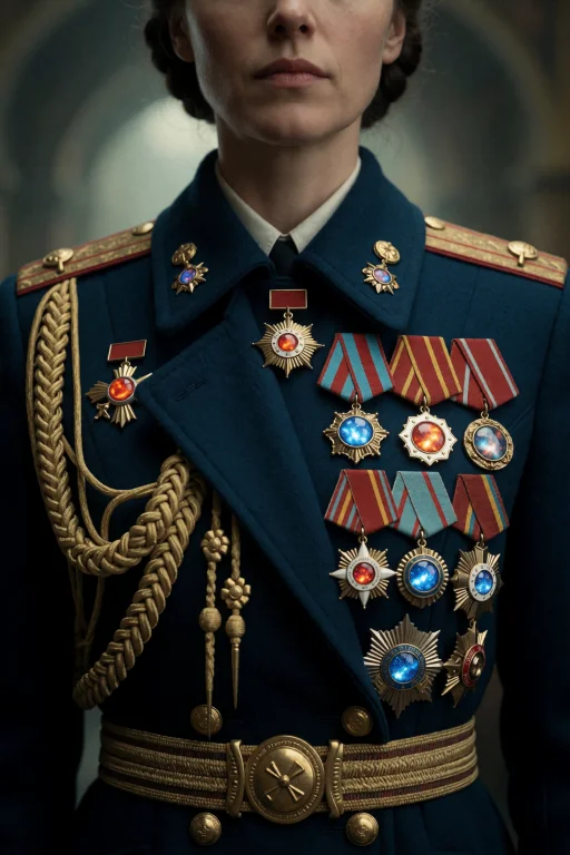 A Woman In A Dark Blue Military Coat Stands Center Frame, He...