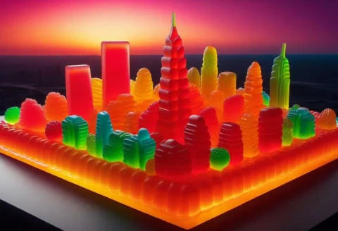 Gummymorph, Wide Intricate Mesmerizing Cityscape At Sunset,... — SDXL AI Prompt: gummymorph, wide intricate mesmerizing cityscape at sunset, skyscrapers, bridges...