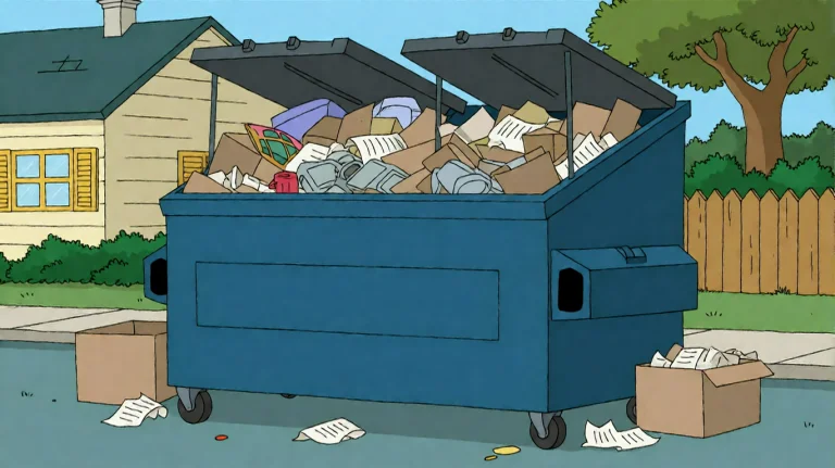 Fmlygyssn04, A Large, Blue Wheeled Dumpster Overflowing With...