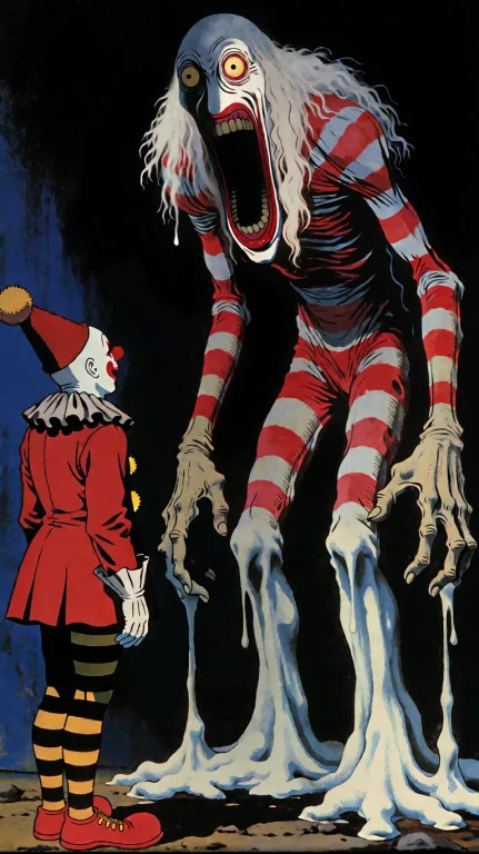 Low-angle Medium Shot Showing A Small Clown In A Red Suit Wi...