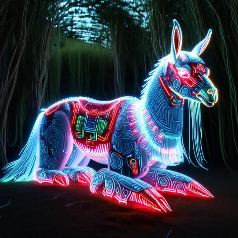Whiteember, Led, Colorful Led Lights, Red Blue Green Biolumi... — SDXL AI Prompt: ((WhiteEmber, LED, colorful LED lights, red blue green Bioluminescent llama made...