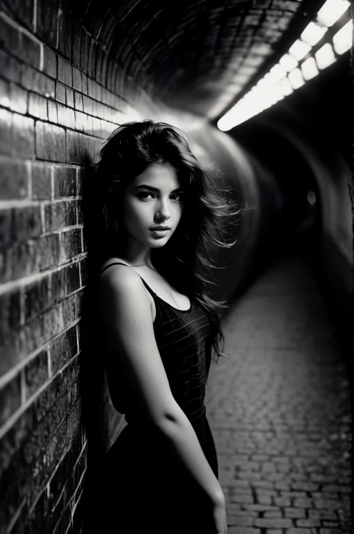 Black And White Portrait Of A Young Woman Standing In A Tunn...