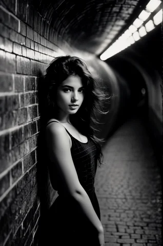 Black And White Portrait Of A Young Woman Standing In A Tunn... — SDXL AI Prompt: black and white portrait of a young woman standing in a tunnel she is leaning ag...