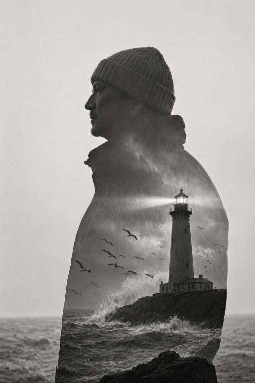 A Monochrome Photographic Double Exposure In Soft Grey And B...