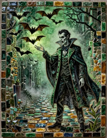 A Spooky Mosaic Art Piece Of A Slender Vampire In A Dusty Tr... — Stable Diffusion AI Prompt: A spooky mosaic art piece of a slender vampire in a dusty trench coat conjuring...