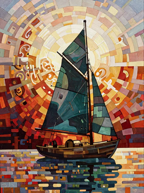 Bradhamel Art Style. A Sailboat With Two Tall Masts And Dark...