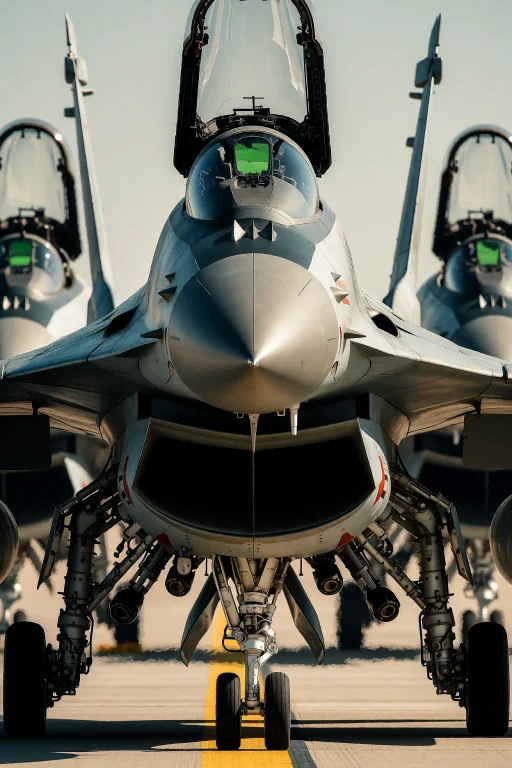 Three Fighter Jets Stand On A Tarmac, Their Lower Fuselages...