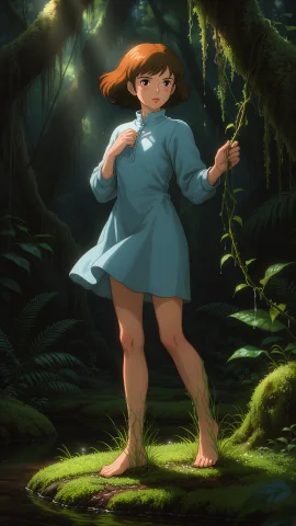 Nausica,2800k — Stable Diffusion AI Prompt: 娜乌西卡(Nausicaä),一位二十五岁的年轻日本女性角色娜乌西卡置身于深林迷踪的幽邃绿...