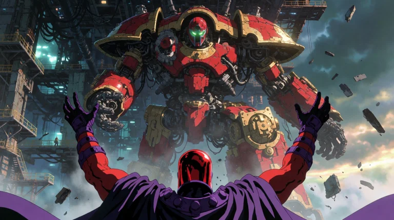 Colossal God-like War Machine Towering Over A Tiny Lone Man,...
