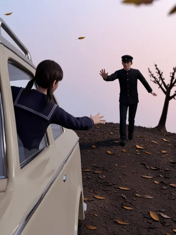 This 3d Anime-style Wide Shot Captures A Poignant Scene Outd... — Stable Diffusion AI Prompt: This 3D anime-style wide shot captures a poignant scene outdoors. A slim girl wi...