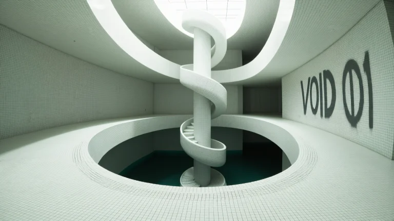 A Cylindrical White Slide Spirals Downward From The High Cei...