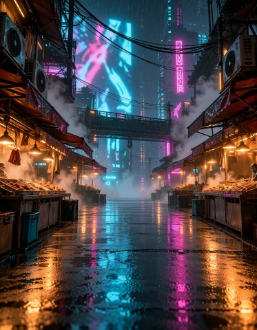 Cyb3r Qu4rt13r, Photorealistic, Main Neon Alley Packed Edge... — Stable Diffusion AI Prompt: cyb3r qu4rt13r, photorealistic, main neon alley packed edge to edge with rain-da...