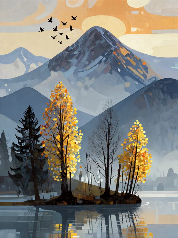 Bradhamel Art Style. A Serene Mountain Landscape With Layere...