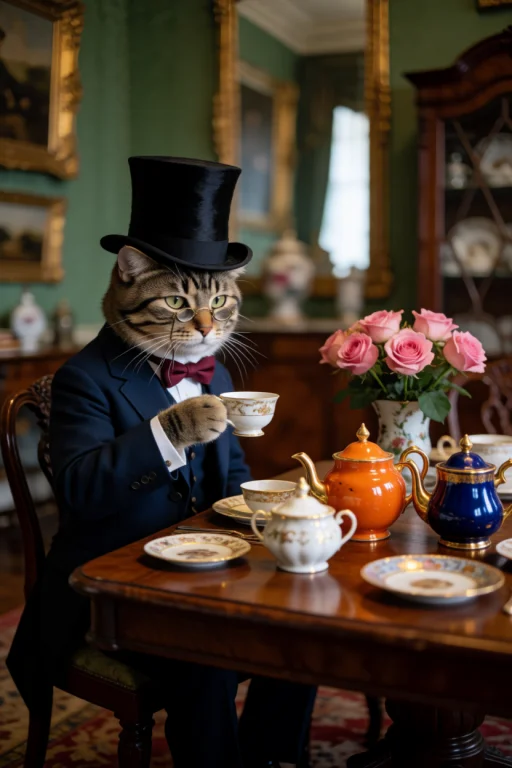 An Elegant Anthropomorphic Tabby Cat Wearing A Tall Black To...