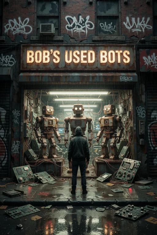A Lone Figure In A Hooded Jacket Stands Before A Grimy Store...