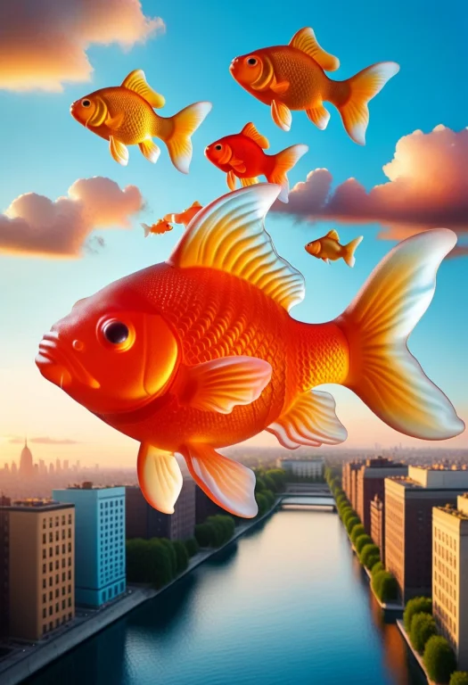 Gummymorph, A Giant Goldfish Floating Above A City, Colorful...