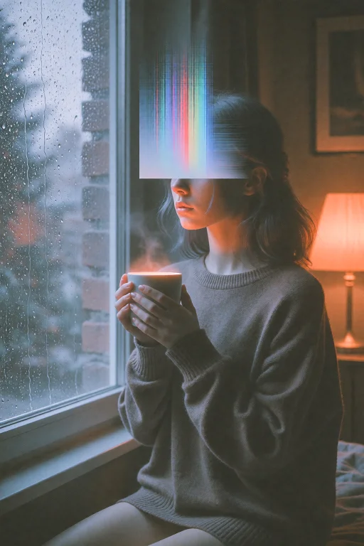 A Young Woman Sitting By A Large Window In A Dimly Lit Room,...