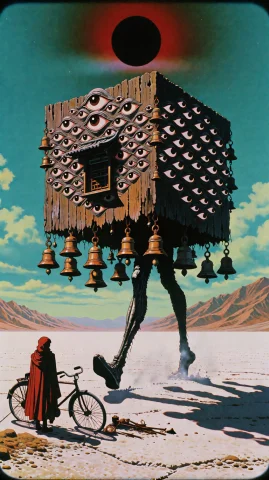 Low Angle Wide Shot On A Desert Salt Flat, A Colossal Walkin... — Stable Diffusion AI Prompt: Low angle wide shot on a desert salt flat, a colossal walking shrine approaches...