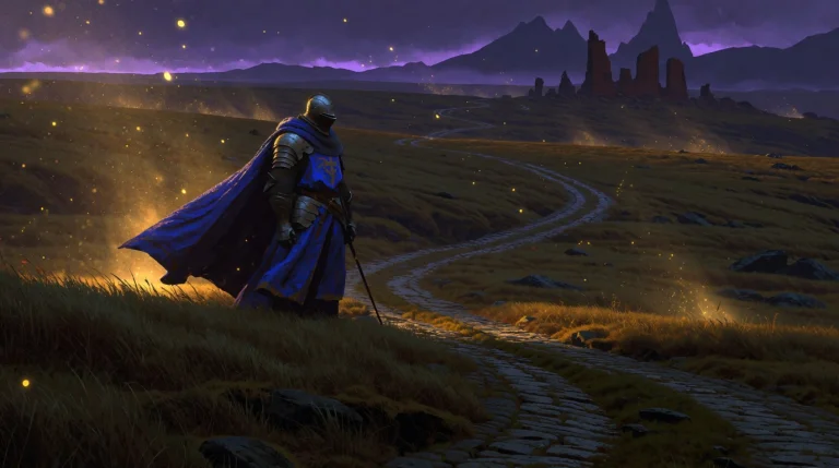 Subject And Action A Lone Knight Stands In The Mid-ground, S...