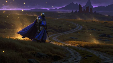 Subject And Action A Lone Knight Stands In The Mid-ground, S... — Stable Diffusion AI Prompt: Subject and action A lone knight stands in the mid-ground, serving as a secondar...