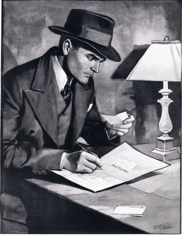 Black And White Etching Depicting 1930s Detective, Jack Tutt...