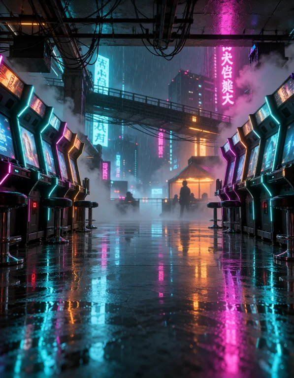 Cyb3r Qu4rt13r, Empty Arcade From Ground Level Across The Gl...